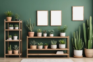 living room with vintage retro shelf, a lot of house plants, cacti, wooden blank mock up poster...