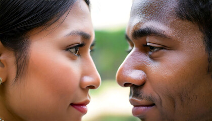 Fototapeta premium Close-up portrait of a young interracial couple, faces inches apart, eyes locked in tender intimacy. Soft natural light enhances skin texture and creates a romantic mood.