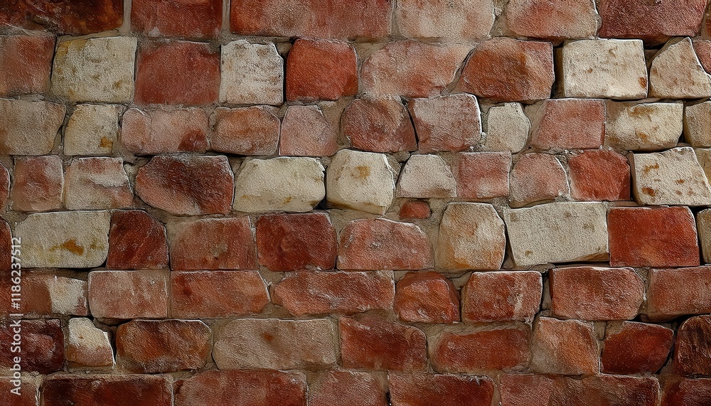 Poster close-up of irregular red sandstone wall with unevenly shaped blocks and rough texture, ideal for architectural background and rustic designs

