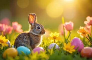 Fototapeta premium Whimsical rabbit in a playful mood surrounded by colorful eggs and flowers in a sunlit garden