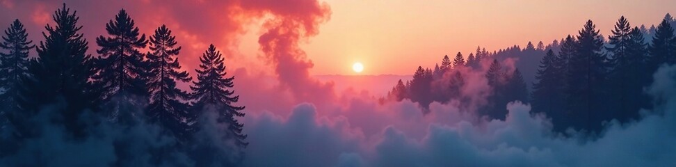 Fototapeta premium Dense swirling smoke amidst towering trees at dusk, atmospheric, mist