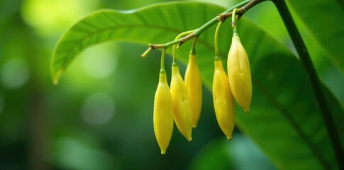 Long slender seed pods hanging from a branch of a vanilla orchid plant, tropical, nature