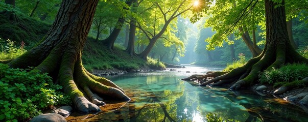 Gentle River bends around ancient tree trunks, foliage, mossy bark