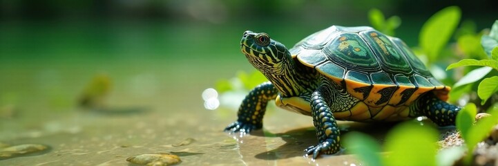Obraz premium Verde tortuga se alimenta de hojas frescas en la playa, naturaleza, ecosistema