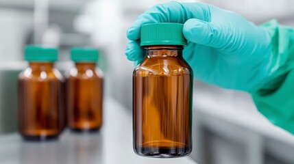 Hand Holding Brown Glass Bottle with Green Cap in Laboratory Setting