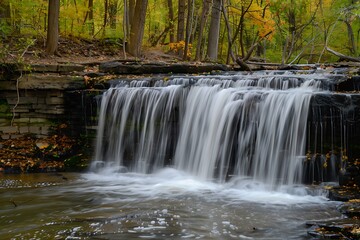 Fototapeta premium Autumn Waterfall Cascading Through Stone Steps