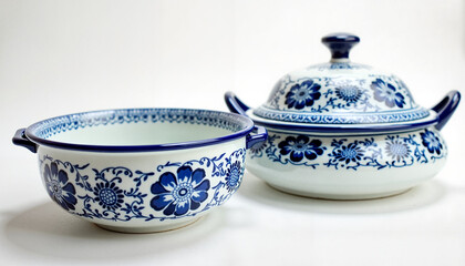 Two pieces of traditional ceramic tableware with floral blue and white design on a white background