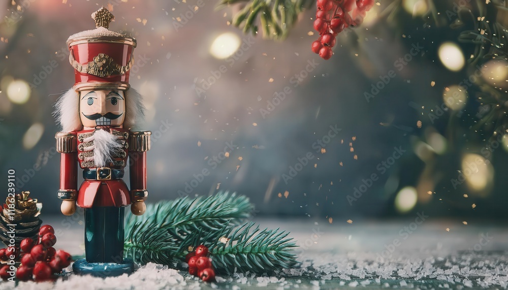 Poster festive red nutcracker soldier with evergreen branch in snowfall, sparkling holiday bokeh lights, pe
