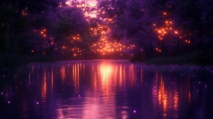 Fototapeta premium Enchanting Firefly Lit Forest River Scene at Dusk