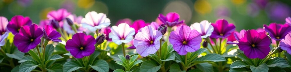 Fototapeta premium A row of purple and white petunias growing in a garden bed, gardening, flowers, purple