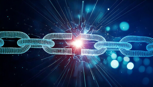 Stunning abstract image of a digital chain breaking apart, showcasing a vibrant blue and dark background with bokeh effects.