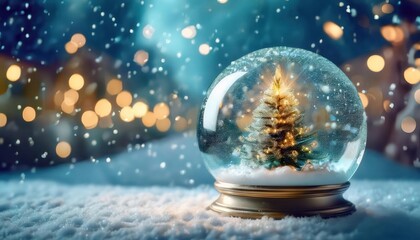 glowing snow globe with christmas tree centerpiece, golden base, and falling snowflakes under warm festive lights in winter ambiance