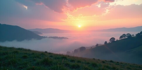 Obraz premium Misty dawn breaks over a serene landscape with clouds, ethereal sky, gentle haze, foggy landscape
