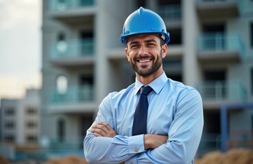 Happy contractor stands confidently at construction site. Smiling man in light blue shirt, tie wears hard hat. Arms crossed. Successful project manager on new building site. Businessman proud, happy