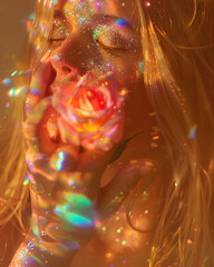 close up of an ethereal dreamy glowing pastel colored glitter covered woman with white hair holding a large rose, dreamcore, sparkles and shimmering dust in the air
