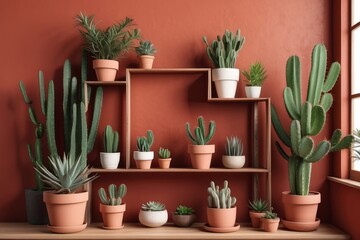 living room with vintage retro shelf, a lot of house plants, cacti, wooden blank mock up poster