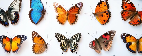 Colorful butterflies on a white background showcasing a variety of species, with vibrant wings and intricate patterns The diverse colors highlight their beauty and ecological significance