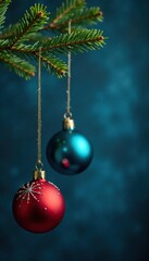 Glass ornaments hanging from a sturdy branch on a fir tree against a deep blue Christmas background, fir branches, holiday decoration
