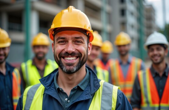 Group of happy construction workers wear safety helmets, vests. They smile, look at camera. Workers are at job site. Positive, pro team. Construction industry. Teamwork. Pride in work.