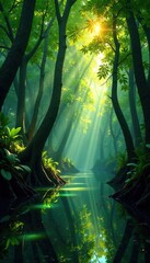 Mangrove forest with sunlight filtering through the canopy, mangroves, foliage, nature