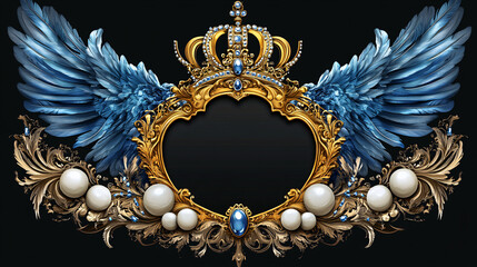 A regal ornate golden frame adorned with blue angelic wings, pearls, and a crown on a dark background evoking elegance

