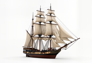 Vintage sailing ship sails high on isolated white background. Historic vessel with tall wooden masts, canvas sails. Maritime theme evokes nautical exploration, travel. Image suitable for history