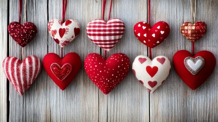 Red heart-shaped decorations on rustic wooden surface for valentine's day celebration, romantic love theme, perfect for cards and gifts


