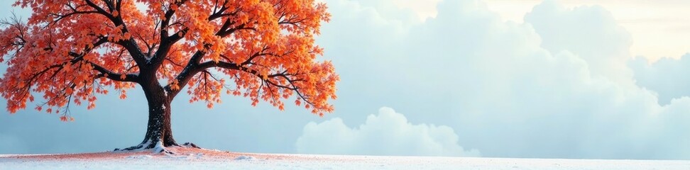 Fototapeta premium Orange leaves on a bare tree against snowy sky, snow covered tree, bare tree, orange and white