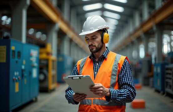 Pro engineer in hard hat inspects industrial equipment. Technician wearing safety gear checks factory machinery. Analyzing plant mechanisms. Man uses clipboard in industrial facility. Maintenance