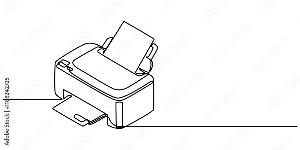 Aufkleber printer one line drawing on white background, vector continuous one single line drawing of laser pri