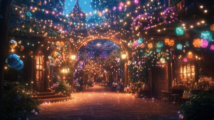 A magical birthday wonderland with sparkling lights and whimsical decorations