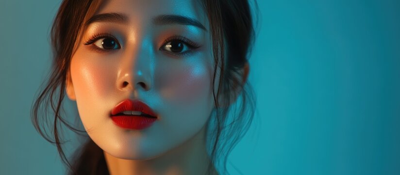 Young Asian woman portrait with soft lighting in turquoise and orange tones, featuring striking red lips and clear skin, ideal for text placement.