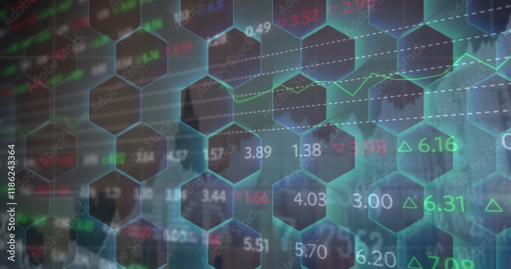 Poster image of financial data processing over network of hexagons