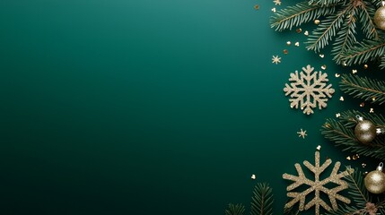 A festive green background adorned with Christmas tree branches, golden ornaments, and snowflakes, creating a cheerful holiday atmosphere.