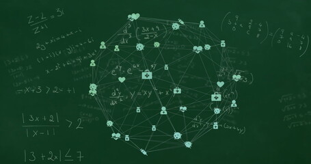 Image of network of media icons over mathematical equations on chalkboard