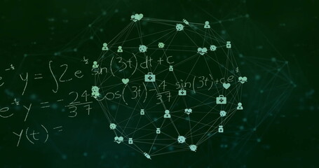 Image of network of health icons over mathematical equations on chalkboard