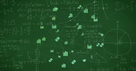 Image of network of business icons over mathematical equations on chalkboard