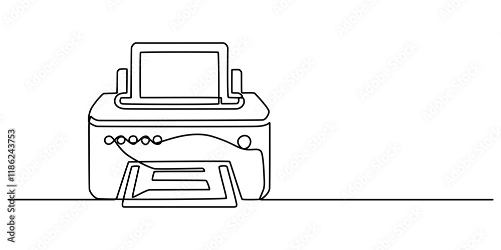 Aufkleber Printer One line drawing on white background, Vector continuous one single line drawing of laser printer in silhouette on a white background. Linear stylized.                                         