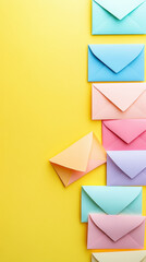 Aesthetic flat lay of pastel colorful envelopes and paper on pastel yellow background. Business concept. Generative AI