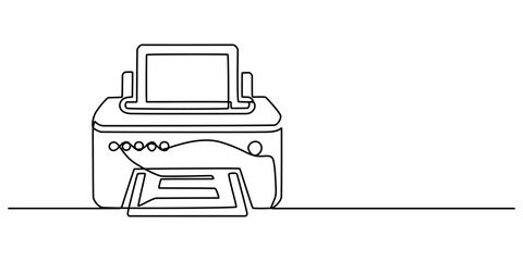 Printer One line drawing on white background, Vector continuous one single line drawing of laser printer in silhouette on a white background. Linear stylized.                                         