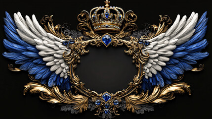 A majestic royal frame with a golden crown dual-tone blue and white angelic wings and intricate gold ornamentation set against a dark background  
