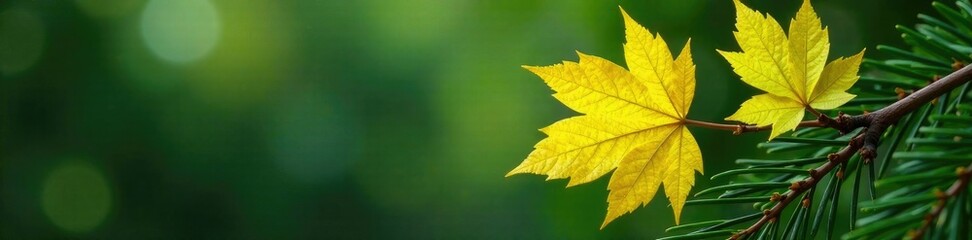 Pine needles holding yellow gingko leaves in place on a branch, branch, gingko