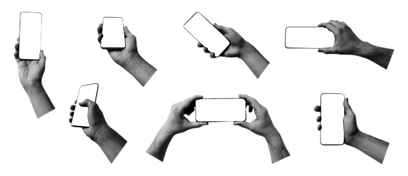 Set of hands with a phone in retro halftone style. Vector.