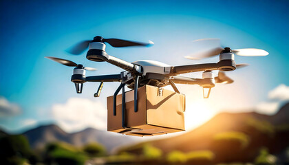 Drone delivering package against a vibrant sunset backdrop.  Perfect for illustrating concepts of delivery, technology, logistics, and futuristic transportation.