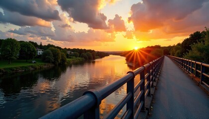 Bridge with metal rails spanning a serene river at sunset, greenery, metal rails