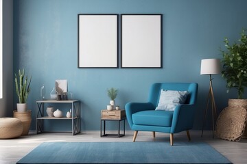industrial cozy living room interior with blank poster frame on the wall, Cerulean Blue armchair