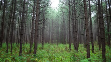 Fototapeta premium Misty Pine Forest: Tranquil Woodland Path
