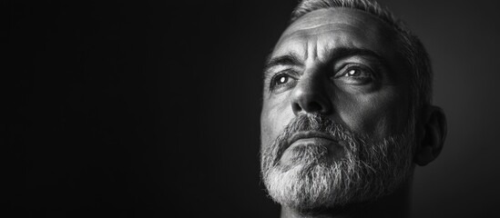 Grayscale portrait of a mature man with silver hair and beard in a dimly lit room, showcasing deep contemplation and vast empty space for text.