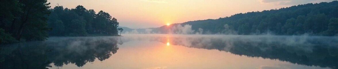 Misty forest reflected perfectly in the lake's glassy surface at dawn, lake, nature