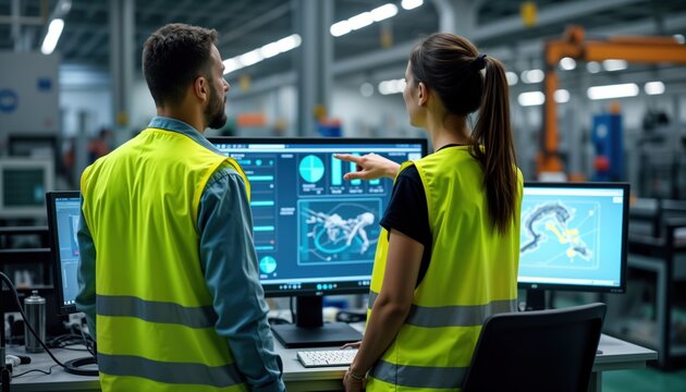 Project engineer discusses facility production line control with female operator. Modern factory setting. AI, machine learning enhance assembly process. Computer displays show detailed process.